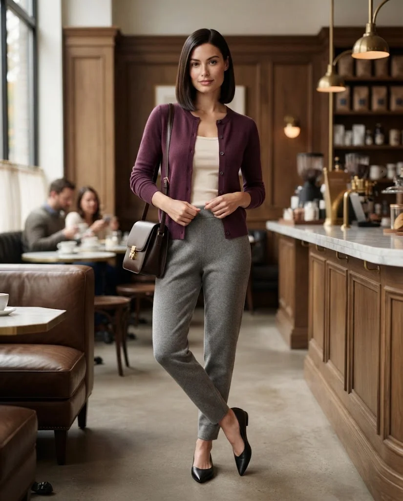 Plum Cardigan with Soft Gray Jogger Trousers Old Money Comfy Fall Outfit