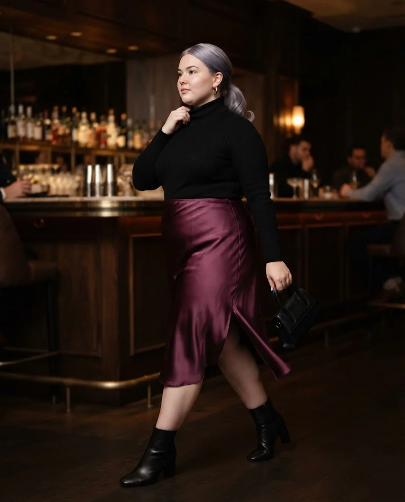 Plus Size Fall Bar Outfits: 20 Chic Looks for Nights Out 8 Plum Satin Slip Skirt With a Black Turtleneck and Ankle Boots Plus Size Fall Bar Outfit