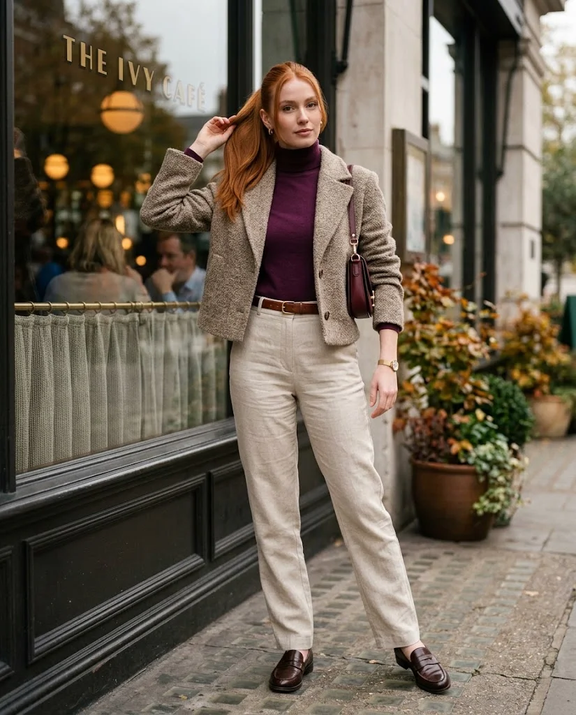 20 Late Fall Outfit Ideas for Women 2 Plum Turtleneck with Oatmeal Trousers Late Fall Outfit