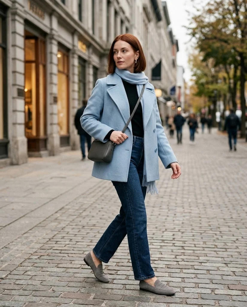 Powder Blue Peacoat with Dark Denim Peacoat Fall Outfit