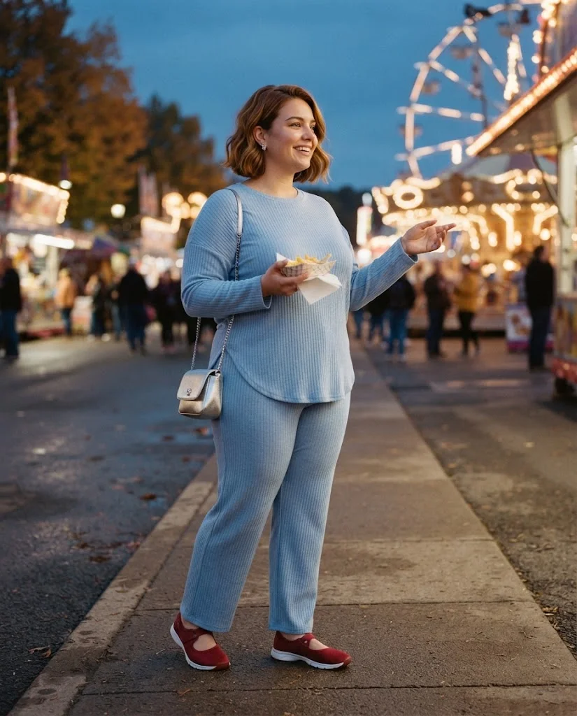 Plus Size Fall Fair Outfits: 20 Flattering and Comfortable Looks 12 Powder-Blue Ribbed Knit Set With Cherry-Red Ballet Sneakers and Silver Bag Plus Size Fall Fair Outfit