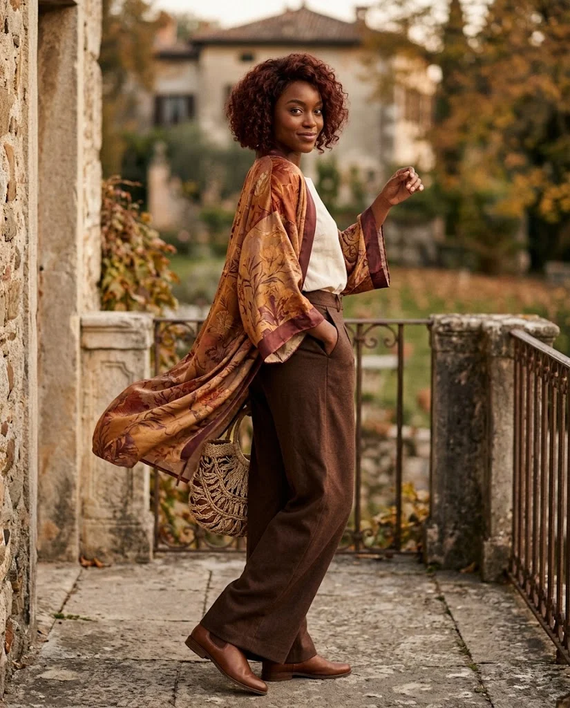 21 Boho Chic Fall Outfits: Effortless Bohemian Style Ideas 5 Printed Kimono with Wide-Leg Trousers Boho Chic Fall Outfit