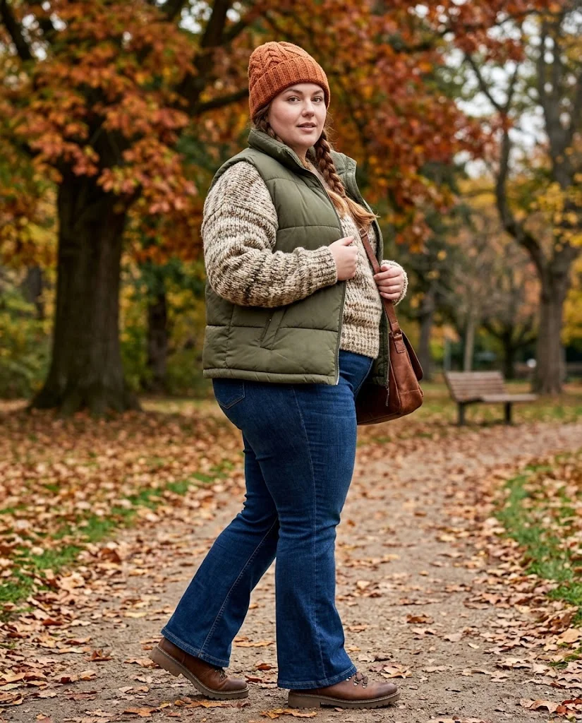 Plus Size Cold Fall Outfits: Cozy Looks for Chilly Autumn Days 15 Puffer Vest + Chunky Sweater + Bootcut Jeans Plus Size Cold Fall Outfit