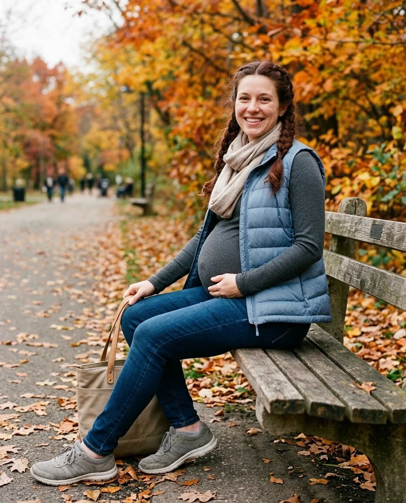 Puffer Vest with a Long-Sleeve Maternity Top Fall Pregnancy Outfit