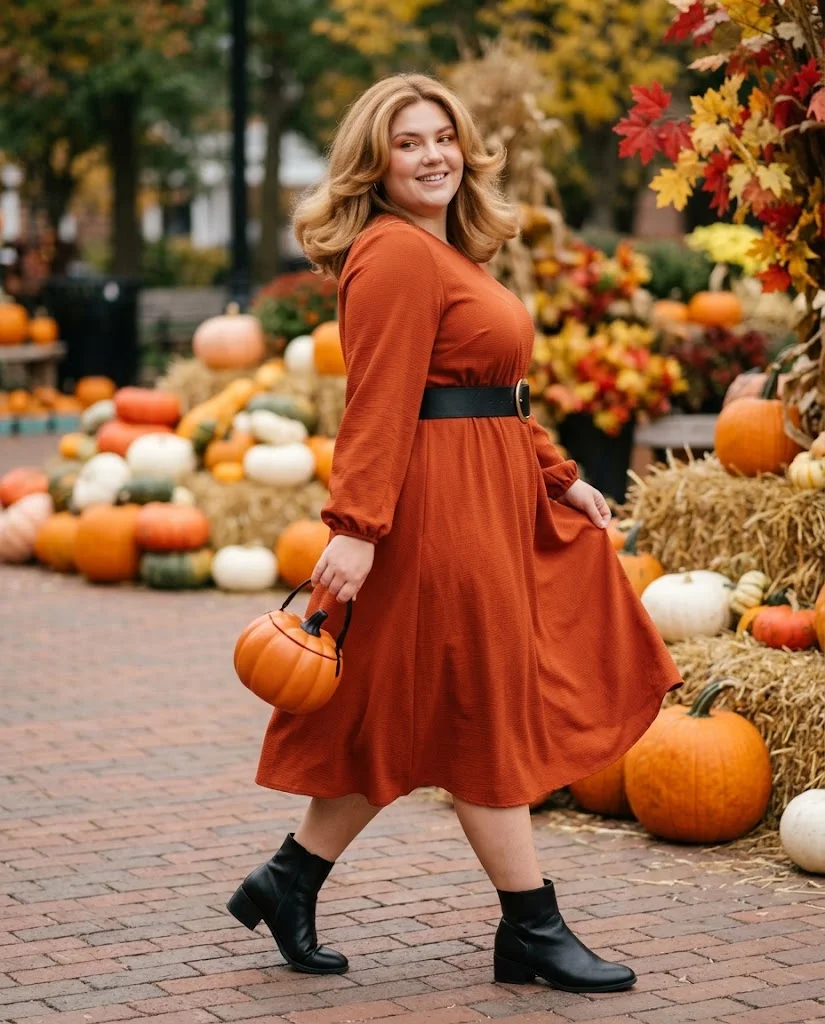 Pumpkin-Inspired Outfit with an Orange Dress Plus Size Halloween Outfit