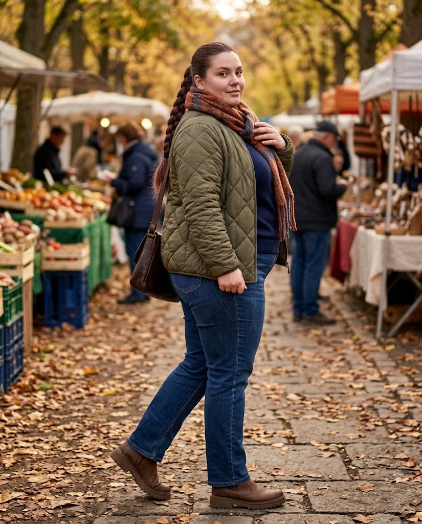 Plus Size Cold Fall Outfits: Cozy Looks for Chilly Autumn Days 19 Quilted Jacket + Dark Jeans + Lug-Sole Boots Plus Size Cold Fall Outfit