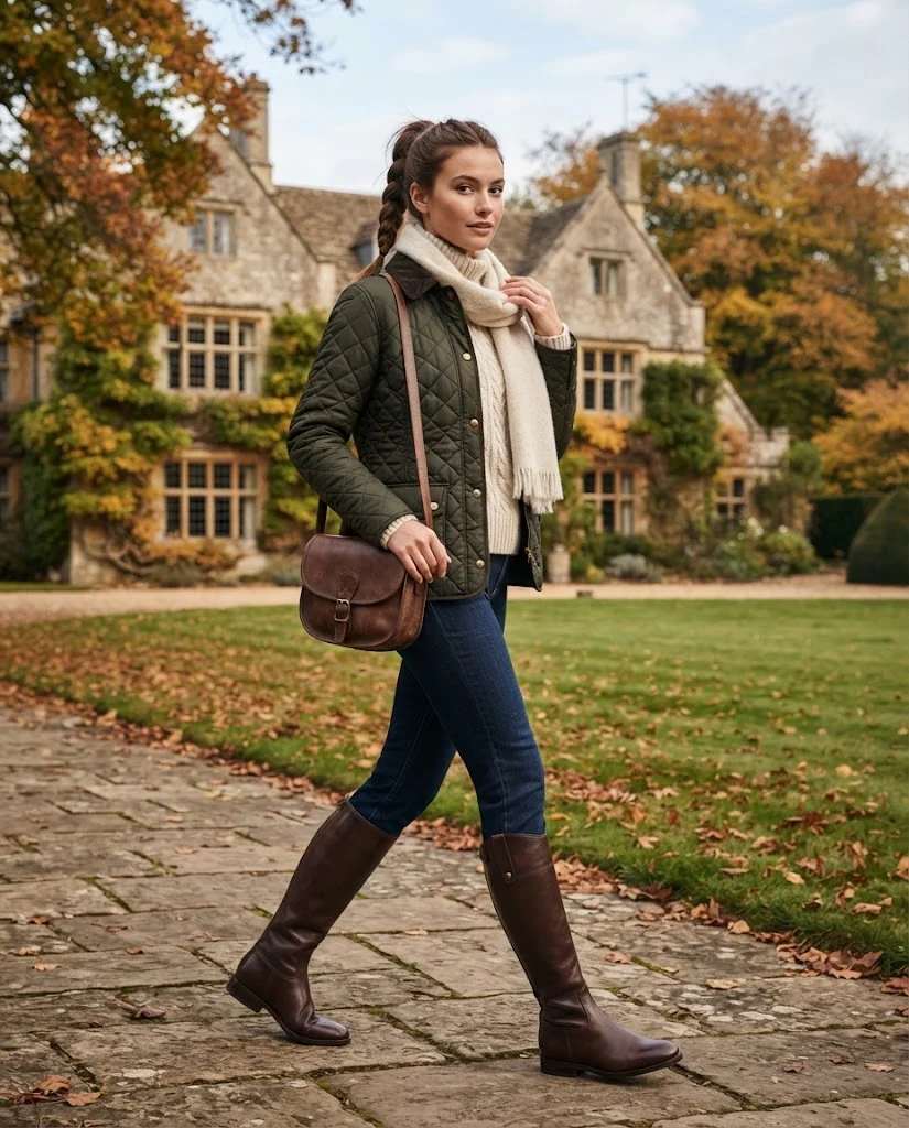 Quilted Jacket with Equestrian-Inspired Layers Old Money Cold Fall Outfit