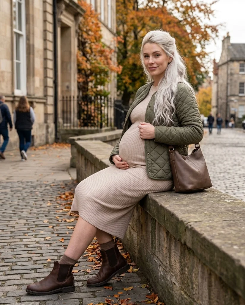 Quilted Jacket with a Maternity Midi Dress Fall Pregnancy Outfit