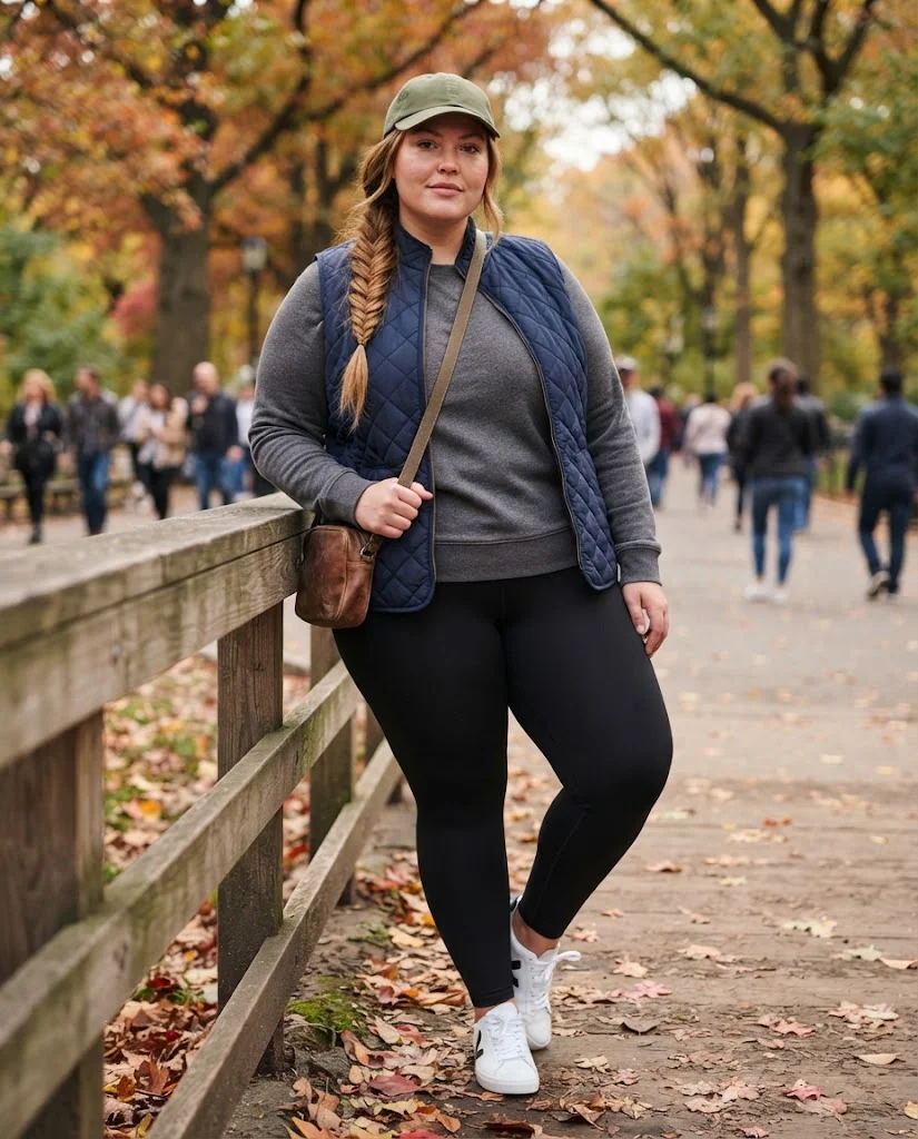 Quilted Vest + Long-Sleeve Tee + Leggings Plus Size Comfy Fall Outfit