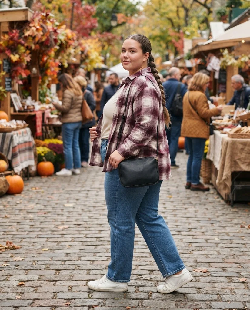 Relaxed Jeans + Flannel Shirt + Basic Tee Plus Size Comfy Fall Outfit