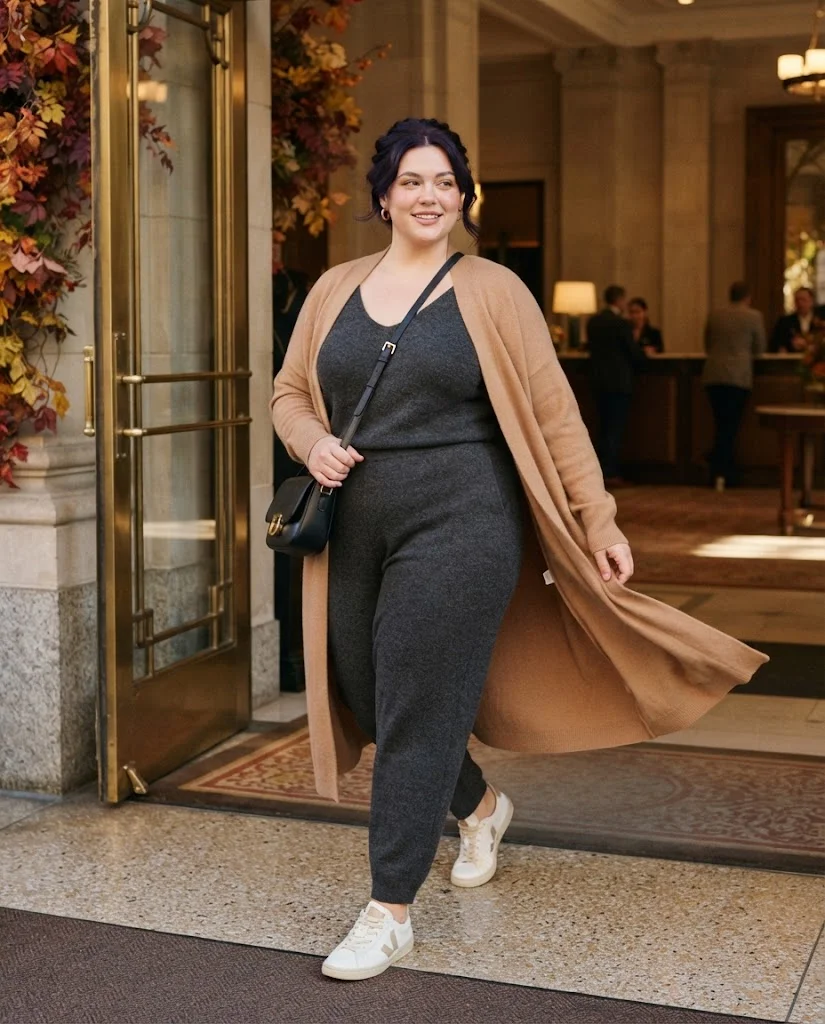 Relaxed Jumpsuit + Cardigan + Sneakers Plus Size Comfy Fall Outfit