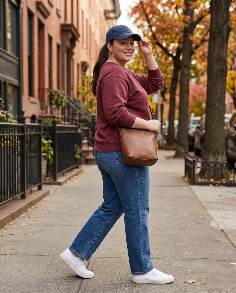 Relaxed Straight-Leg Jeans + Sweatshirt + Sneakers Plus Size Comfy Fall Outfit
