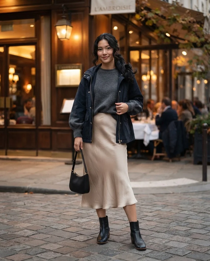 Relaxed Sweater with Satin Midi Skirt October Outfit