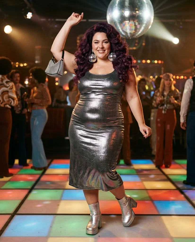 Retro Disco Queen with a Shimmer Dress Plus Size Halloween Outfit