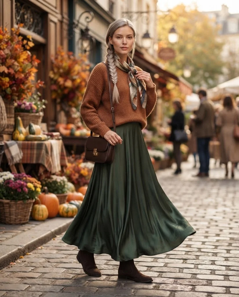 Rust Knit Sweater with Dark Green Maxi Skirt Old Money Comfy Fall Outfit