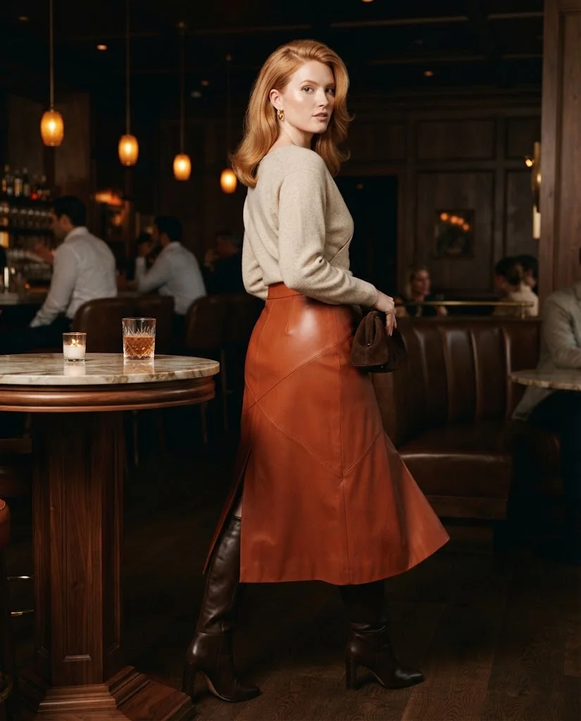 Rust Leather Midi Skirt With a Soft Oatmeal Wrap Top Old Money Fall Bar Outfit