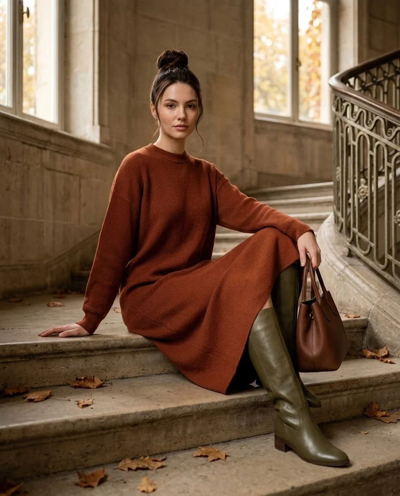 20 Late Fall Outfit Ideas for Women 5 Rust Sweater Dress with Olive Tall Boots Late Fall Outfit