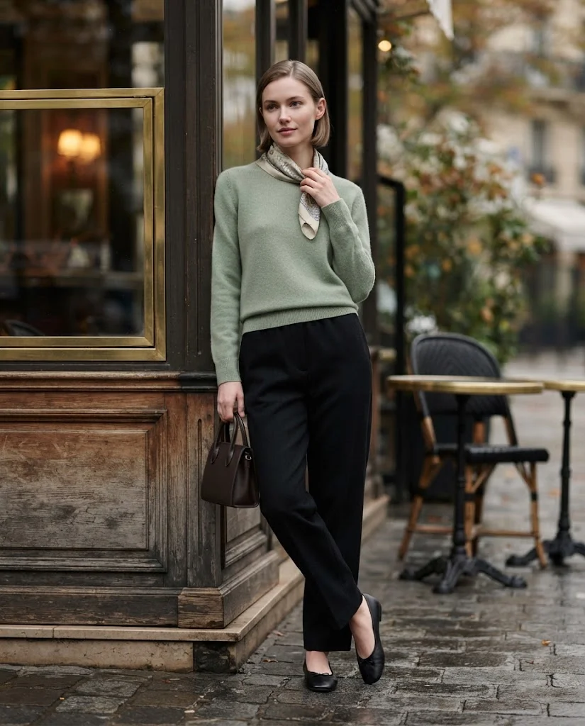 Sage Green Sweater with Relaxed Black Trousers Old Money Comfy Fall Outfit