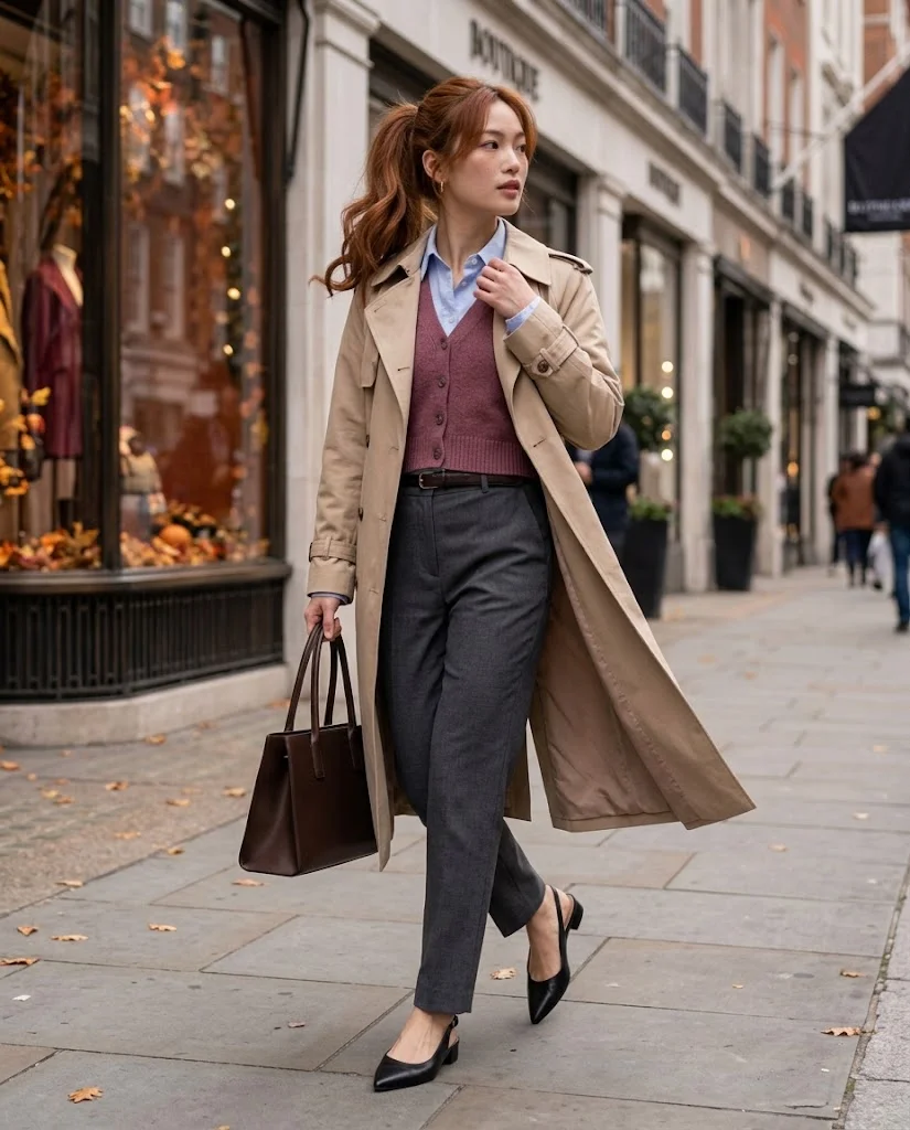 Trench Coat Fall Outfits: 22 Chic Outfit Ideas to Elevate Your Autumn Wardrobe 22 Sand-Colored Trench with a Cropped Knit Vest Trench Coat Fall Outfit