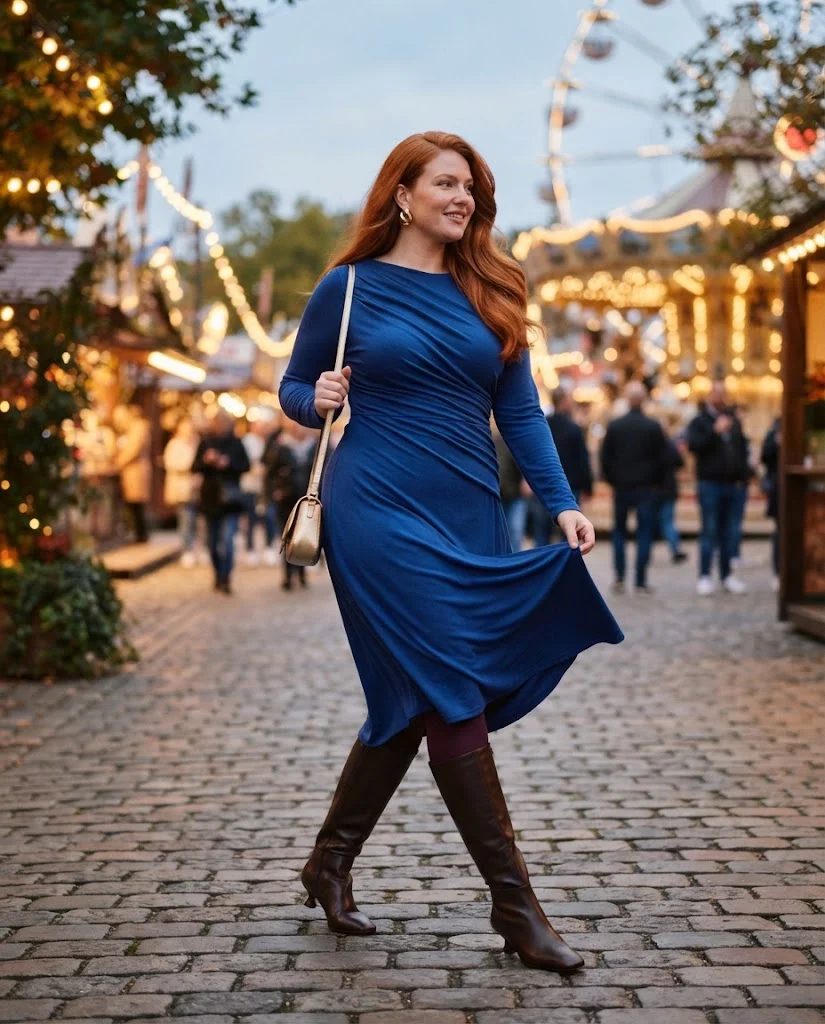 Plus Size Fall Fair Outfits: 20 Flattering and Comfortable Looks 2 Sapphire Blue Draped Knit Dress With Plum Tights and Knee Boots Plus Size Fall Fair Outfit