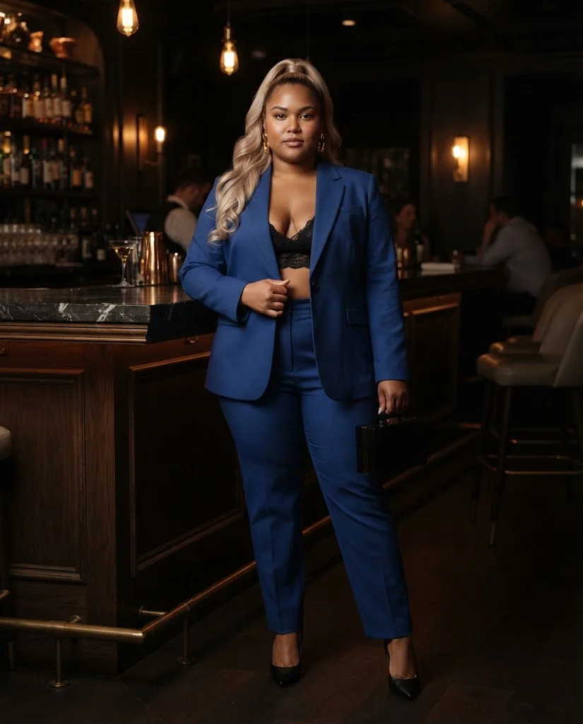 Plus Size Fall Bar Outfits: 20 Chic Looks for Nights Out 10 Sapphire Blue Tailored Suit With a Black Lace Bralette Plus Size Fall Bar Outfit