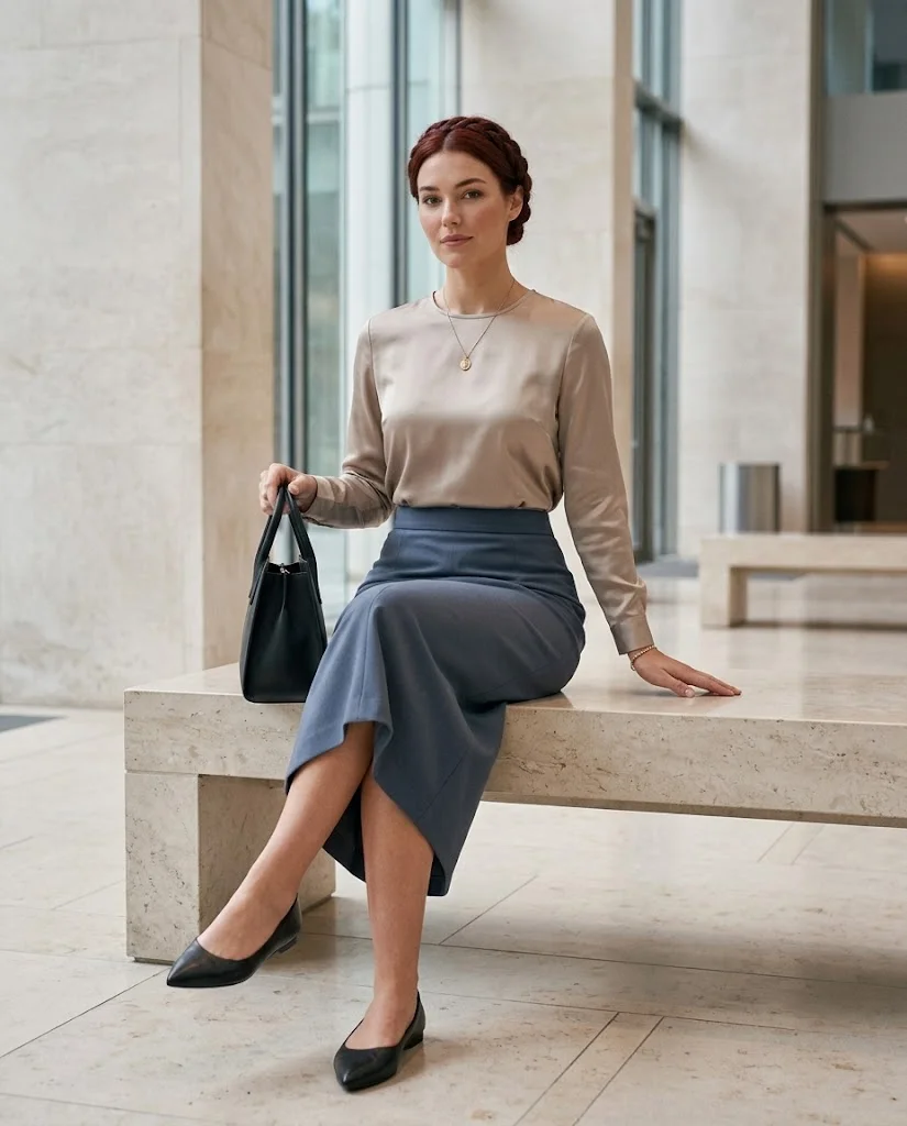 22 Fall Professional Outfits for Women: Chic Office Looks for Every Workday 9 Satin Blouse with a Tailored Midi Skirt Fall Professional Outfit