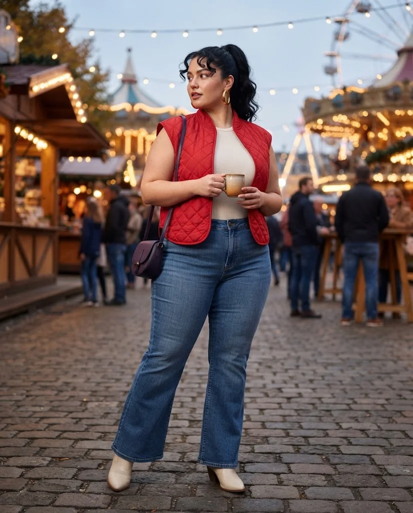 Plus Size Fall Fair Outfits: 20 Flattering and Comfortable Looks 8 Scarlet Quilted Vest With Denim-Blue Flare Jeans and Cream Western Boots Plus Size Fall Fair Outfit
