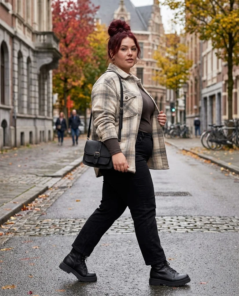 Plus Size Cold Fall Outfits: Cozy Looks for Chilly Autumn Days 6 Shacket + Black Jeans + Chunky Boots Plus Size Cold Fall Outfit
