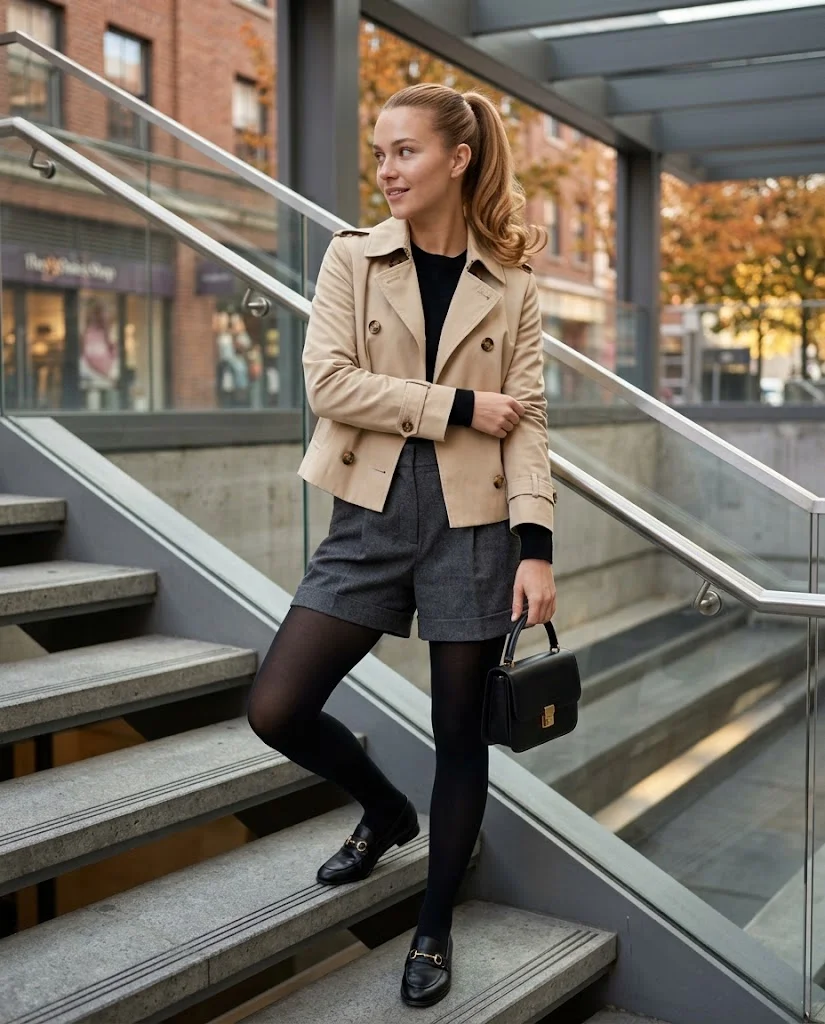 Short Trench Jacket with Pleated Shorts and Tights October Outfit