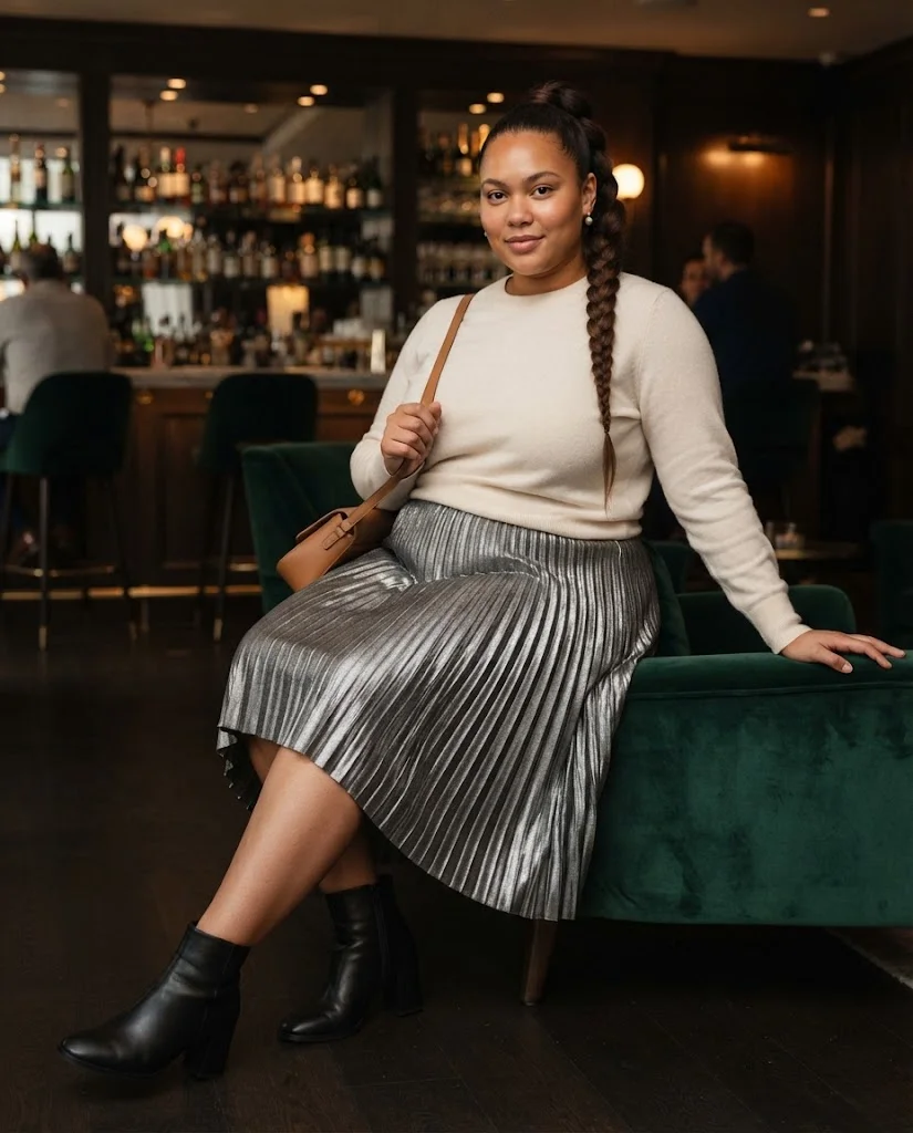 Plus Size Fall Bar Outfits: 20 Chic Looks for Nights Out 7 Silver Pleated Metallic Skirt With a Soft Cream Sweater Plus Size Fall Bar Outfit