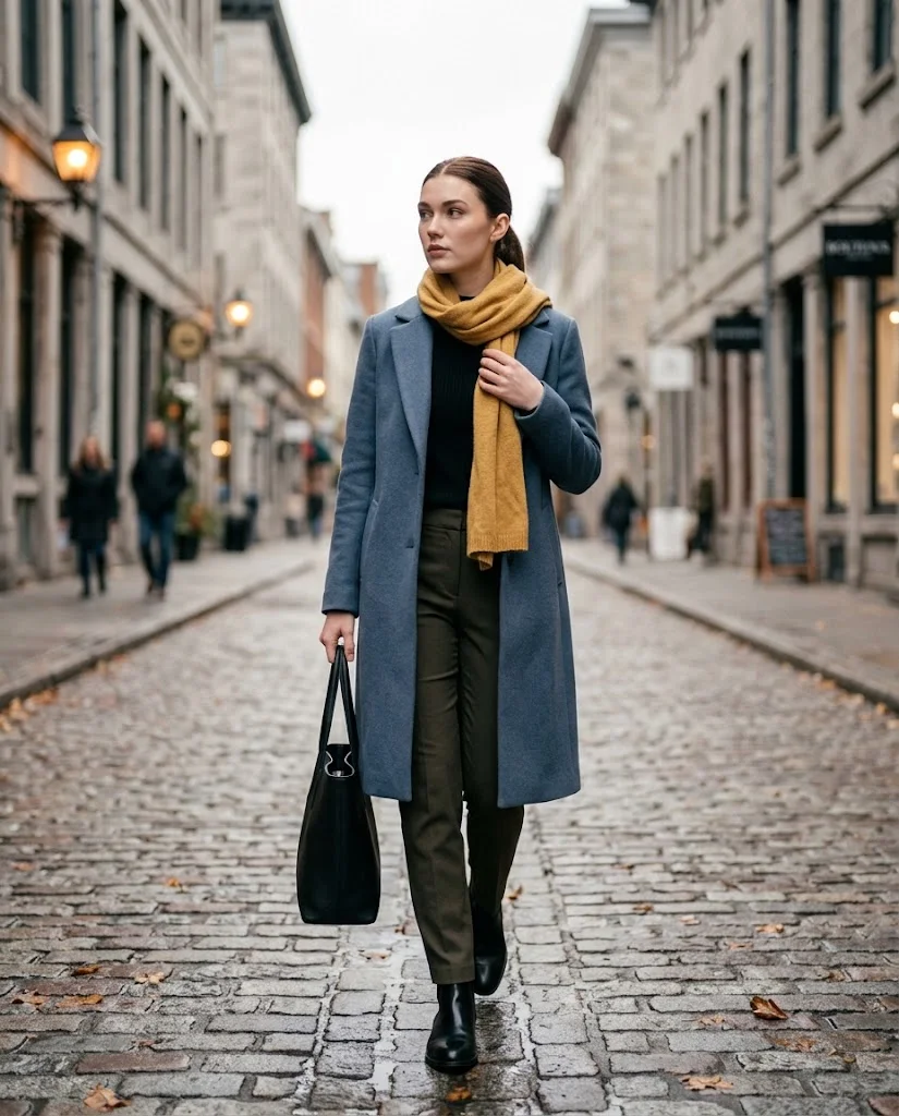 20 Late Fall Outfit Ideas for Women 10 Slate Blue Coat with Mustard Knit Scarf Late Fall Outfit