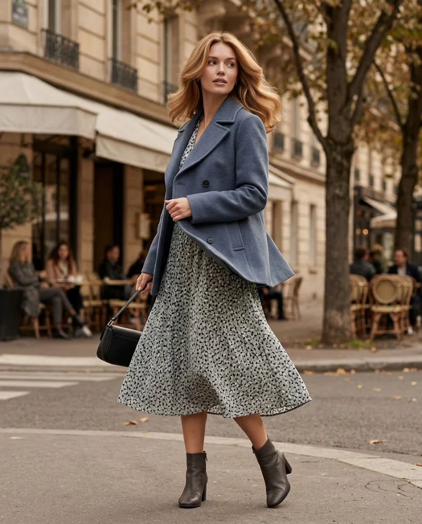 Slate Blue Peacoat with a Printed Midi Dress Peacoat Fall Outfit