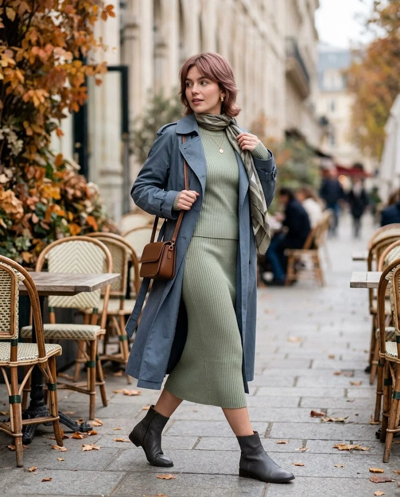 Trench Coat Fall Outfits: 22 Chic Outfit Ideas to Elevate Your Autumn Wardrobe 14 Slate Blue Trench with a Knit Skirt Set Trench Coat Fall Outfit