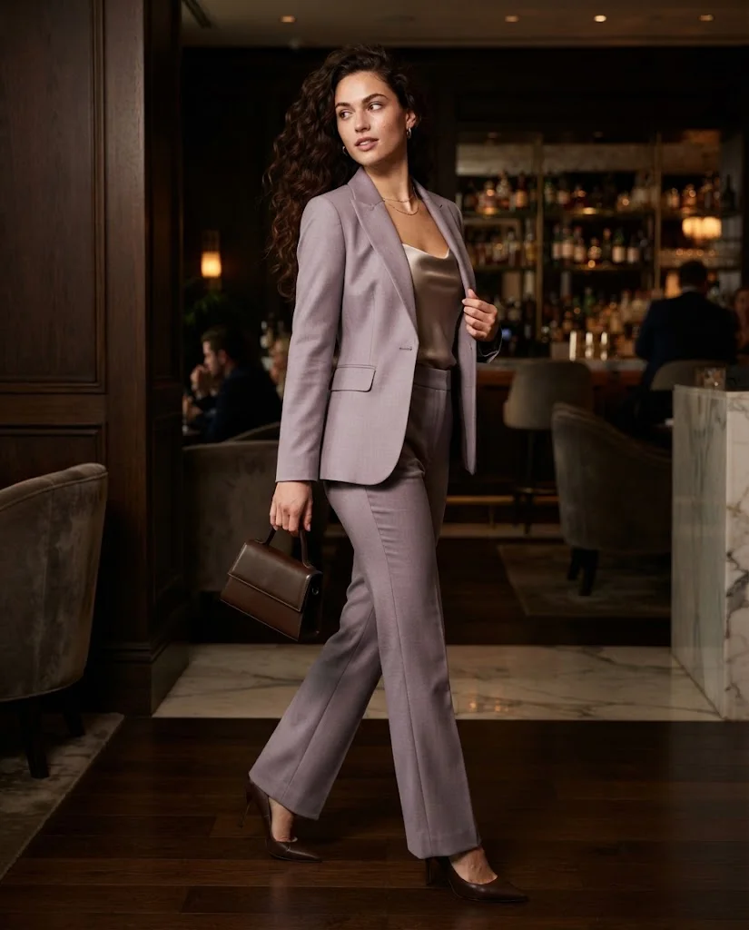 Smoky Lavender Tailored Suit With a Satin Neckline Top Old Money Fall Bar Outfit
