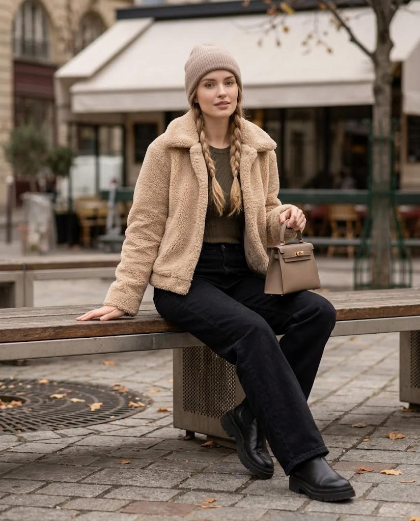 20 Late Fall Outfit Ideas for Women 18 Soft Beige Teddy Jacket with Black Wide-Leg Jeans Late Fall Outfit