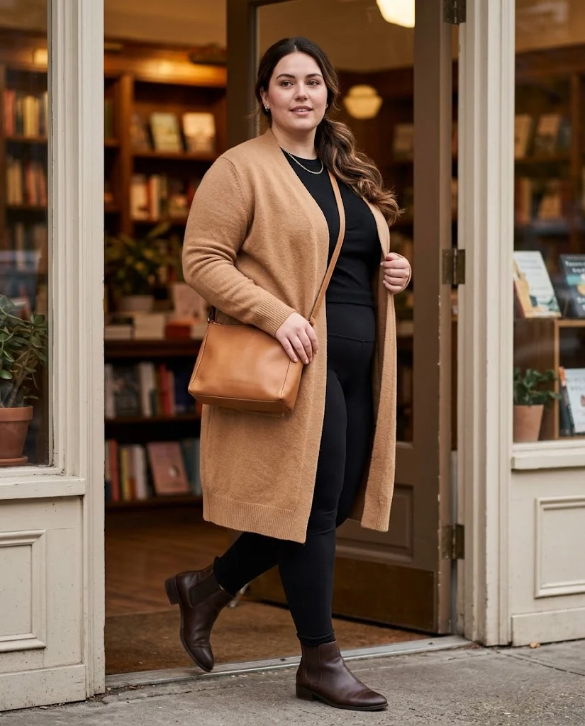 Soft Cardigan + Leggings + Ankle Boots Plus Size Comfy Fall Outfit