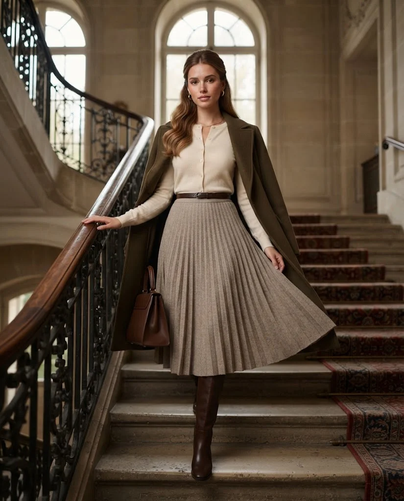 Soft Cardigan with Pleated Midi Skirt Old Money Cold Fall Outfit