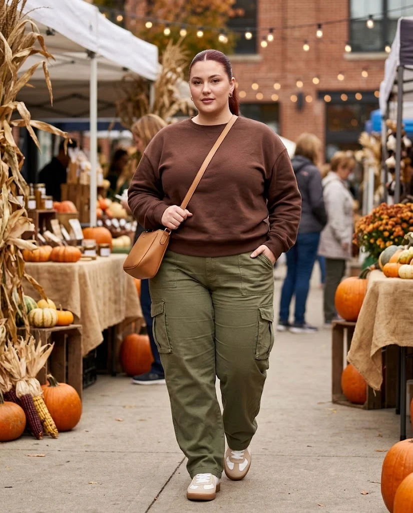 Soft Cargo Pants + Crewneck Sweatshirt Plus Size Comfy Fall Outfit