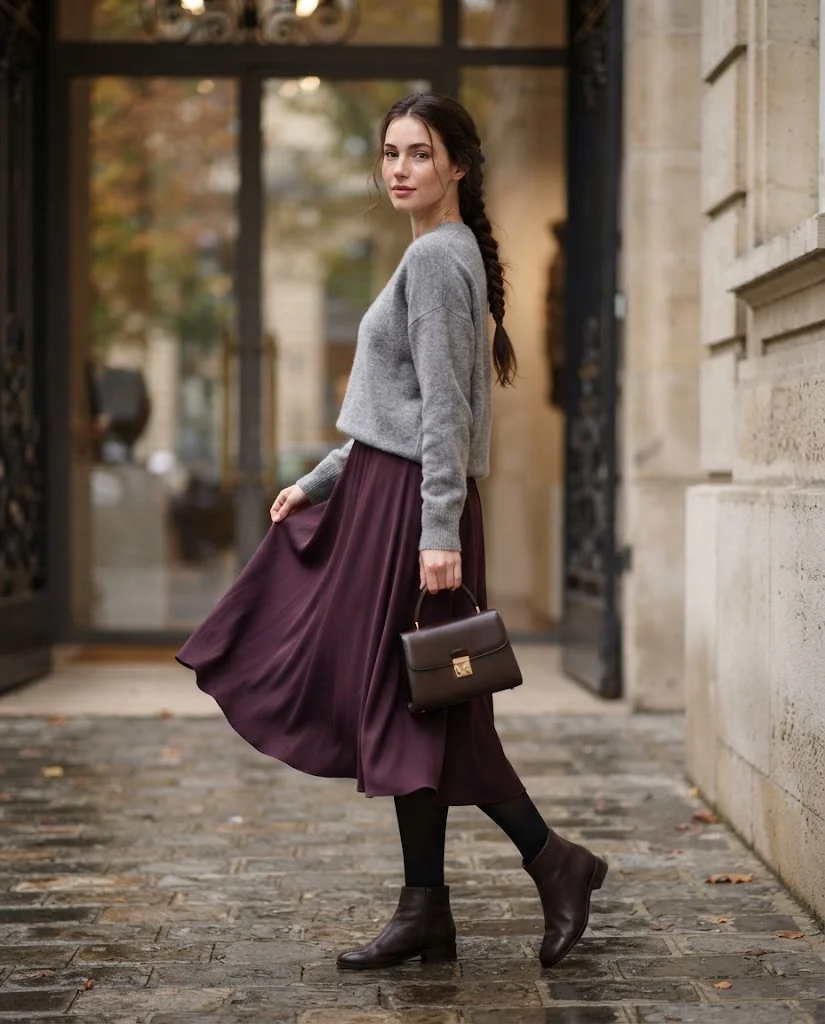 Soft Gray Sweater with Plum Midi Skirt Old Money Comfy Fall Outfit