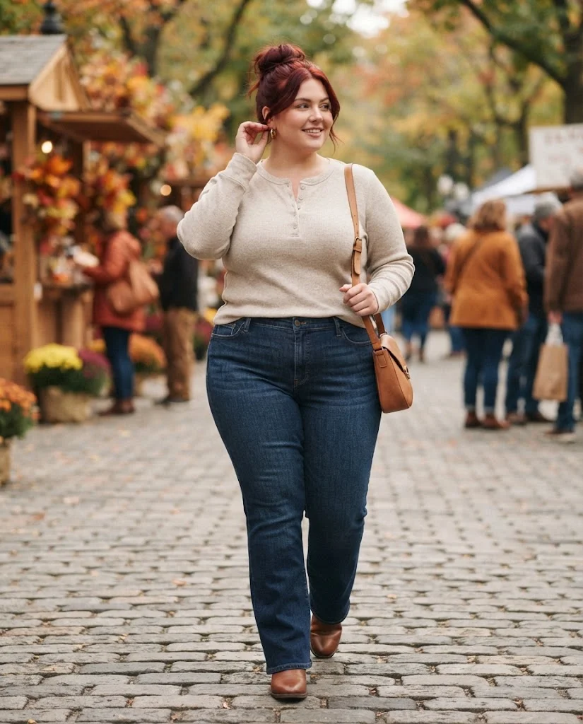 Soft Henley + Bootcut Jeans + Casual Ankle Boots Plus Size Comfy Fall Outfit