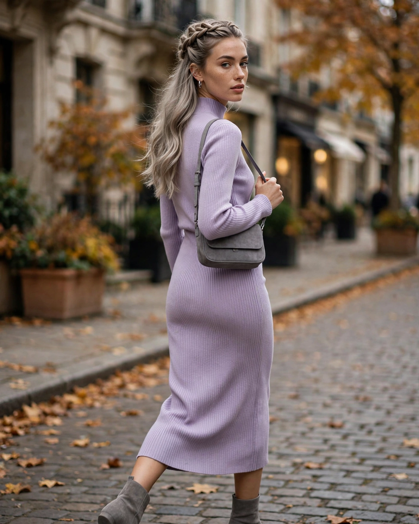 Fall Sweater Dress Outfits: 22 Cozy and Chic Looks You’ll Want to Wear All Season 6 Soft Lilac Mock-Neck Dress with Gray Suede Boots Sweater Dress Fall Outfit