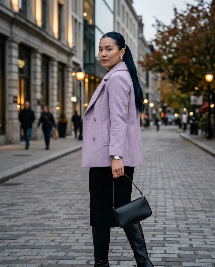 Soft Lilac Peacoat with a Black Knit Dress Peacoat Fall Outfit