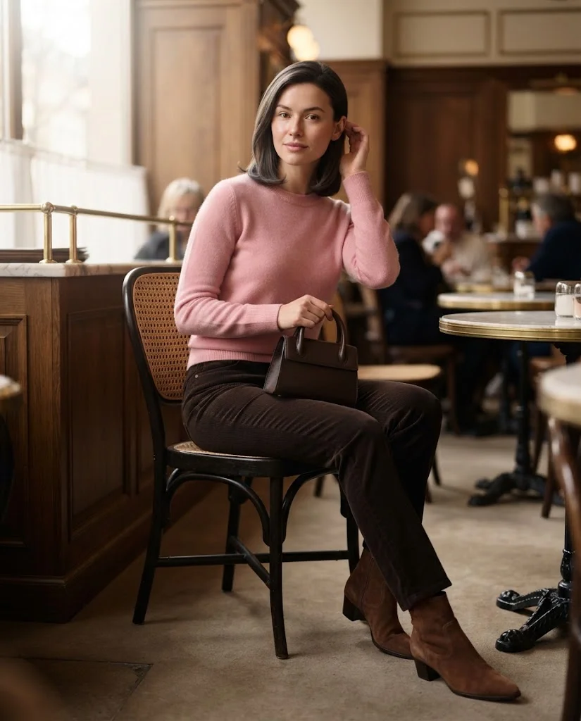 Soft Pink Sweater with Dark Brown Corduroy Pants Old Money Comfy Fall Outfit