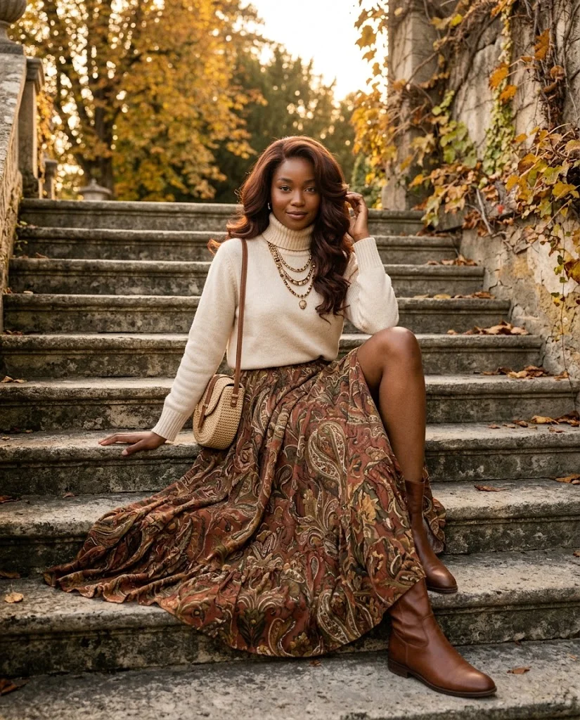 21 Boho Chic Fall Outfits: Effortless Bohemian Style Ideas 15 Soft Turtleneck with a Printed Maxi Skirt Boho Chic Fall Outfit