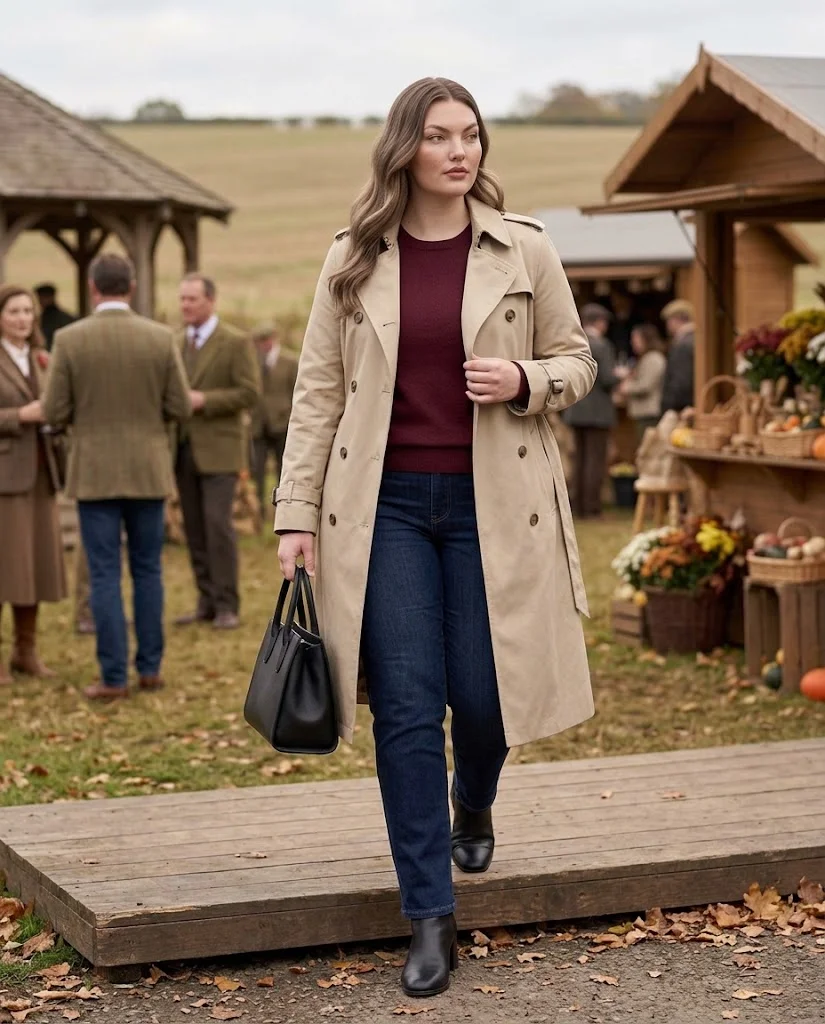 Stone Trench Coat With Burgundy Cashmere Sweater and Dark Straight Jeans Old Money Fall Fair Outfit