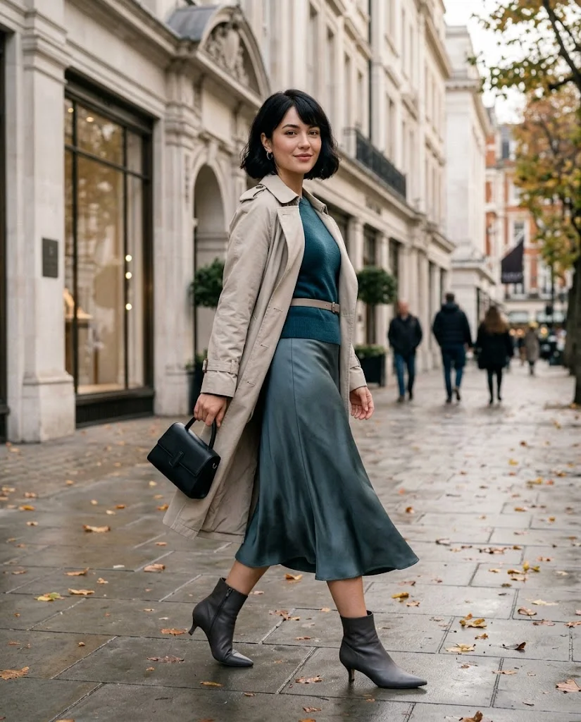 Trench Coat Fall Outfits: 22 Chic Outfit Ideas to Elevate Your Autumn Wardrobe 3 Stone Trench Coat with a Satin Midi Skirt Trench Coat Fall Outfit
