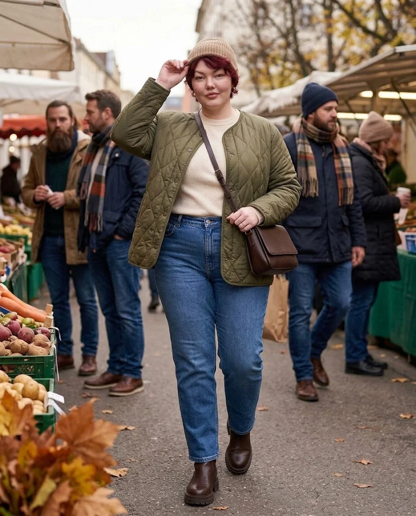 Straight-Leg Jeans and Quilted Jacket with Chunky Boots Plus Size Late Fall Outfit