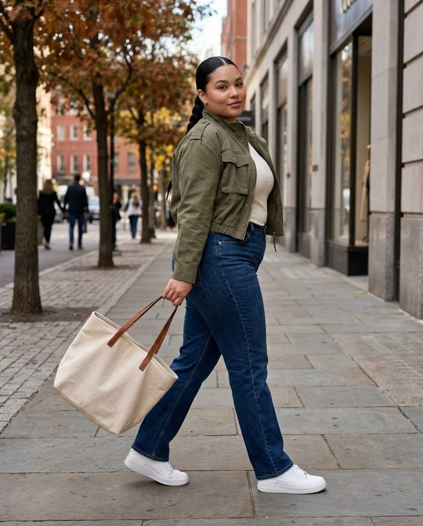Straight-Leg Jeans with a Cropped Utility Jacket Plus Size October Outfit
