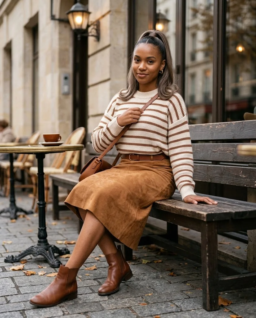 21 Boho Chic Fall Outfits: Effortless Bohemian Style Ideas 13 Striped Knit Top with a Suede Midi Skirt Boho Chic Fall Outfit