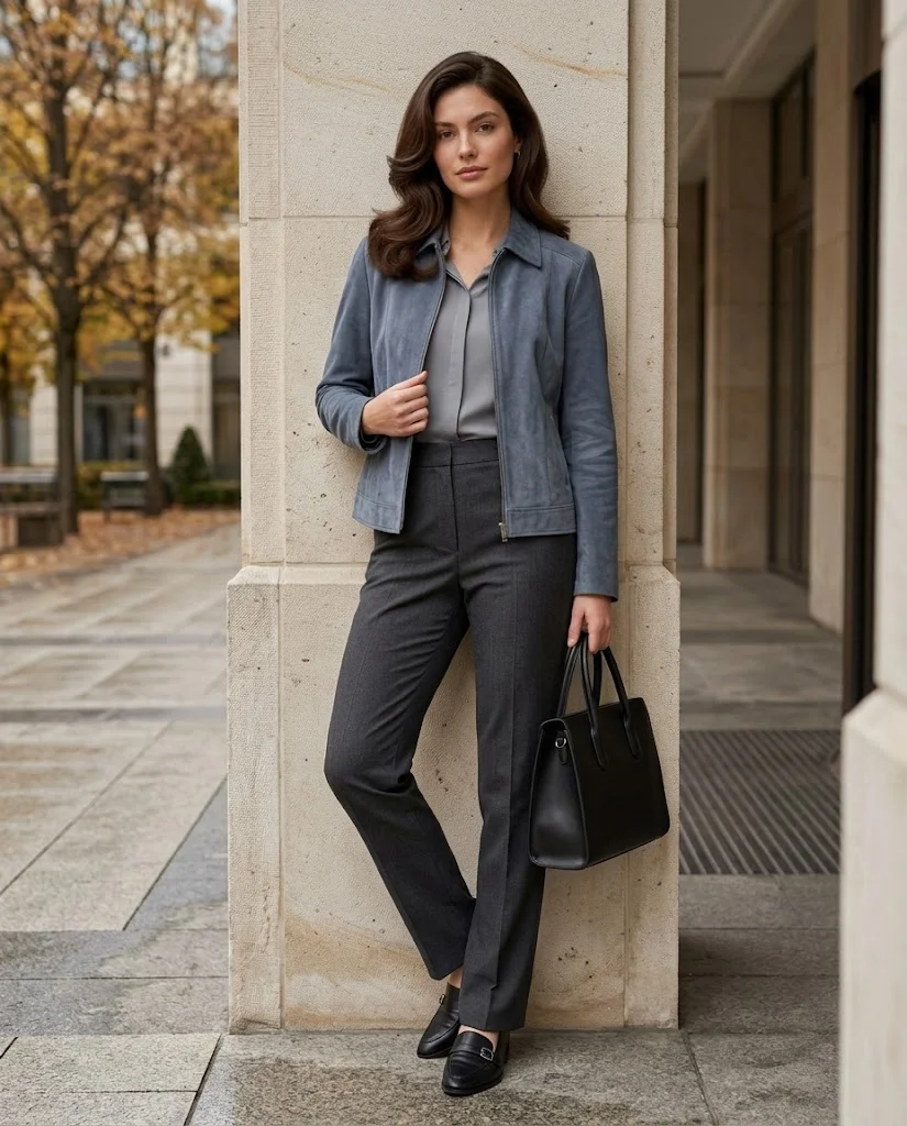 22 Fall Professional Outfits for Women: Chic Office Looks for Every Workday 18 Suede Jacket with Tailored Trousers Fall Professional Outfit